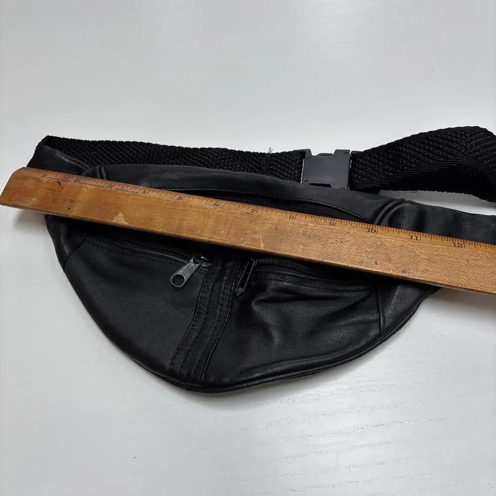 Vintage Leather Black Fanny Pack Waist Belt Bag Unisex Zipper 80s 90s